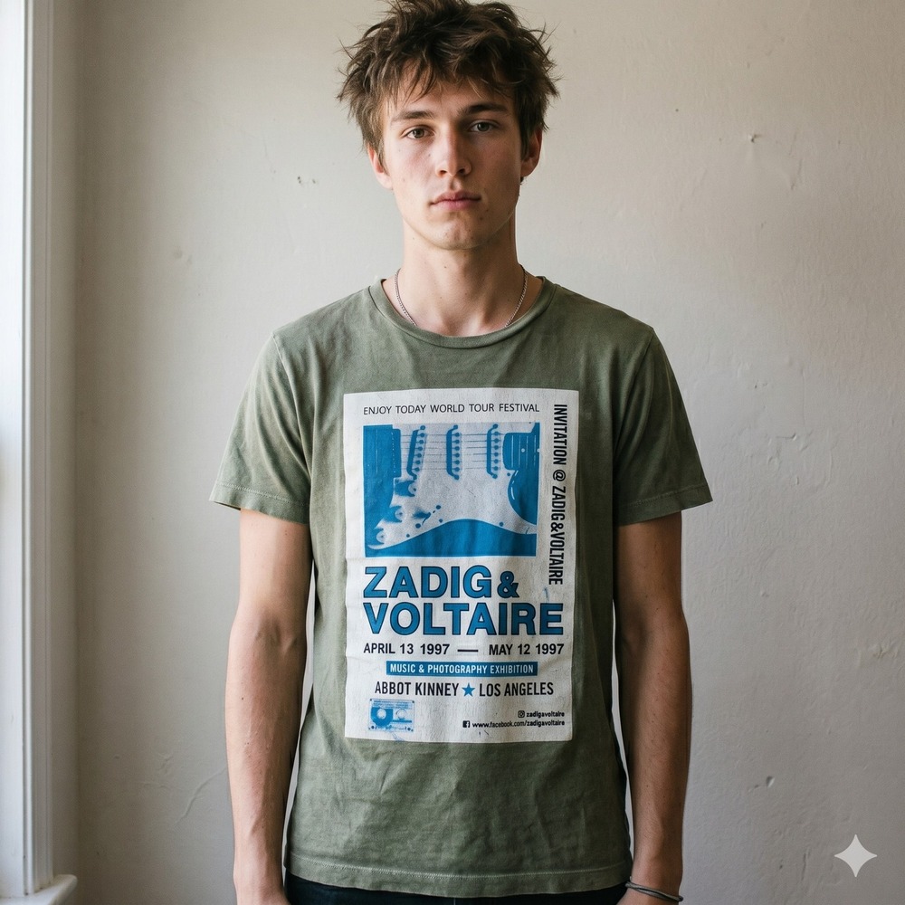 Zadig & Voltaire Kita Te Mens Small Olive Green Graphic World Tour Festival Rock